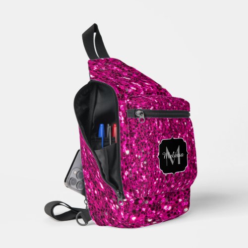 Hot pink sparkles faux glitter Custom Monogram Sling Bag