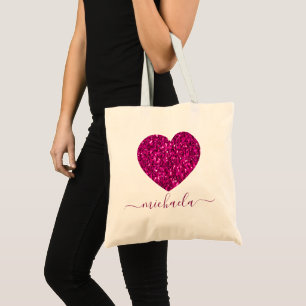 Hot pink sparkles faux glitter heart You name Tote Bag