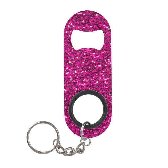 Hot pink sparkles faux glitter keychain bottle opener (Front)