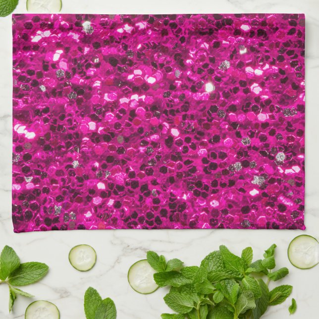 Hot pink sparkles faux glitter kitchen towel (Folded)