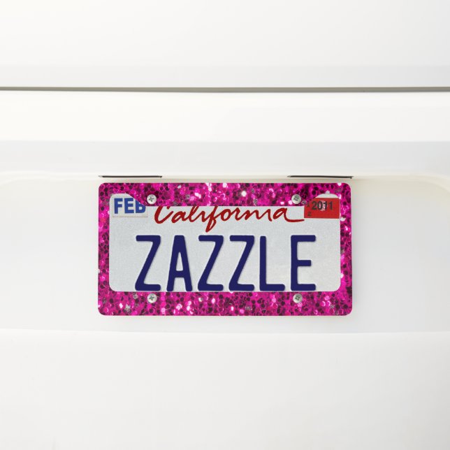 Hot pink sparkles faux glitter license plate frame (On Car)