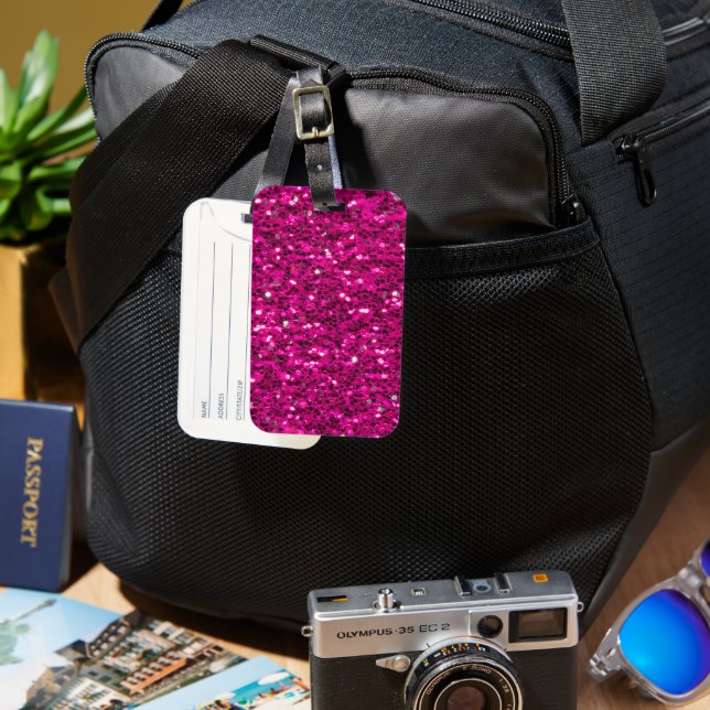Hot pink sparkles faux glitter luggage tag (Front & Back)