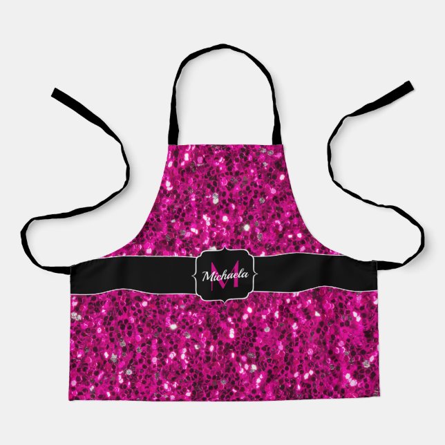 Hot pink sparkles faux glitter Monogram Apron (Front)