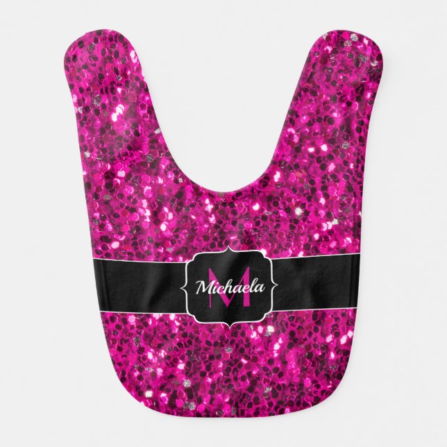Hot pink sparkles faux glitter Monogram Baby Bib (Front)