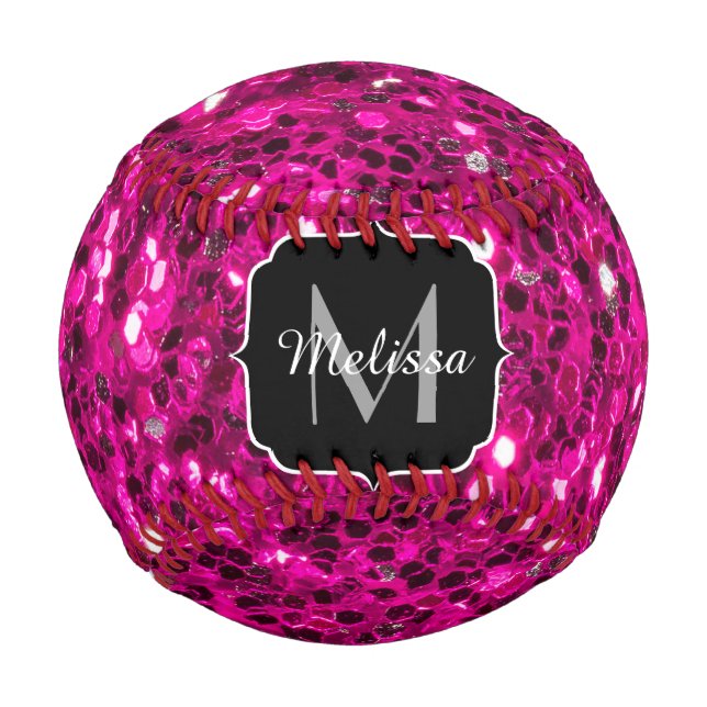 Hot pink sparkles faux glitter Monogram Baseball (Front)