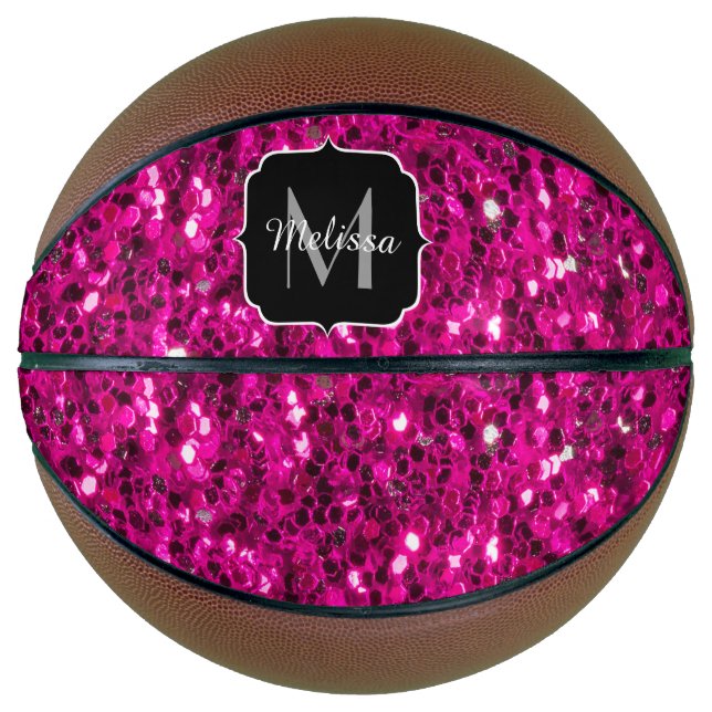 Hot pink sparkles faux glitter Monogram Basketball (Front)