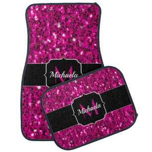 Hot pink sparkles faux glitter Monogram Car Floor Mat