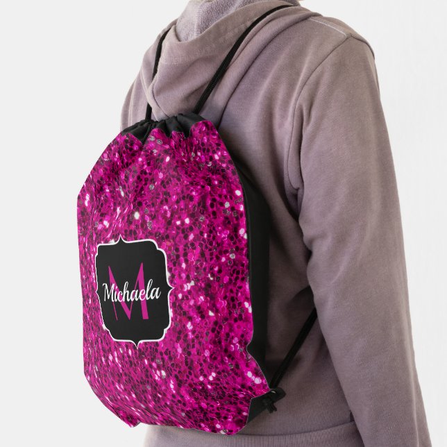 Hot pink sparkles faux glitter Monogram Drawstring Bag (Insitu)