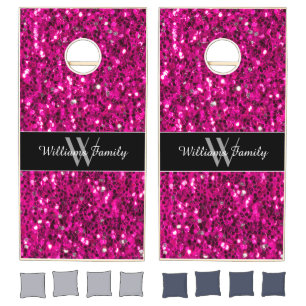 Hot pink sparkles faux glitter Monogram Family Cornhole Set