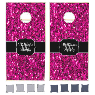 Hot pink sparkles faux glitter Monogram Family Cornhole Set