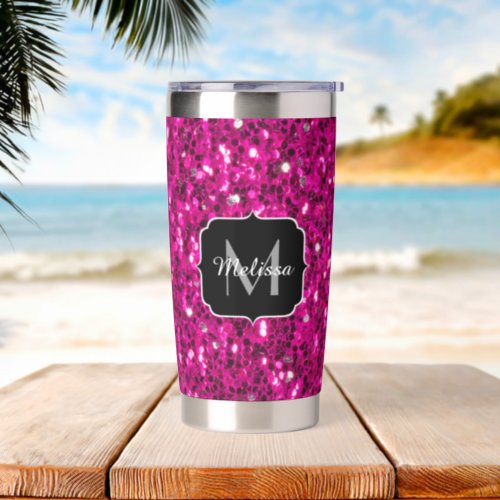 Hot pink sparkles faux glitter Monogram Insulated Tumbler