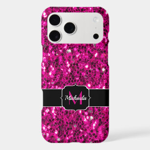 Hot pink sparkles faux glitter Monogram iPhone 17 Pro Max Case