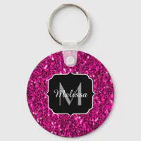 Girly Glam Hot Pink Glitter Sparkles Monogram Name Keychain