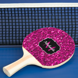 Hot pink sparkles faux glitter Monogram Ping Pong Paddle