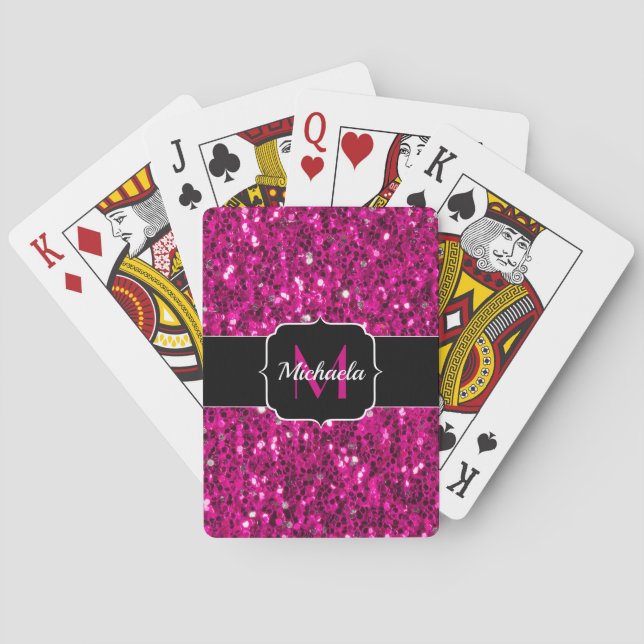 Hot pink sparkles faux glitter Monogram Poker Cards (Back)