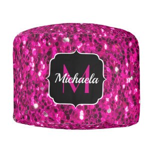 Hot pink sparkles faux glitter Monogram Pouf