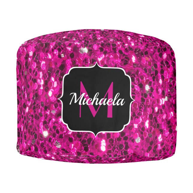 Hot pink sparkles faux glitter Monogram Pouf (Front)