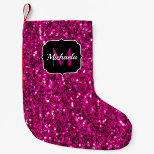 Hot pink sparkles faux glitter Monogram Small Christmas Stocking