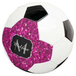 Hot pink sparkles faux glitter Monogram Soccer Ball