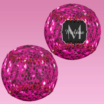 Hot Pink Sparkles Faux Glitter Monogram Softball by PLdesign at Zazzle