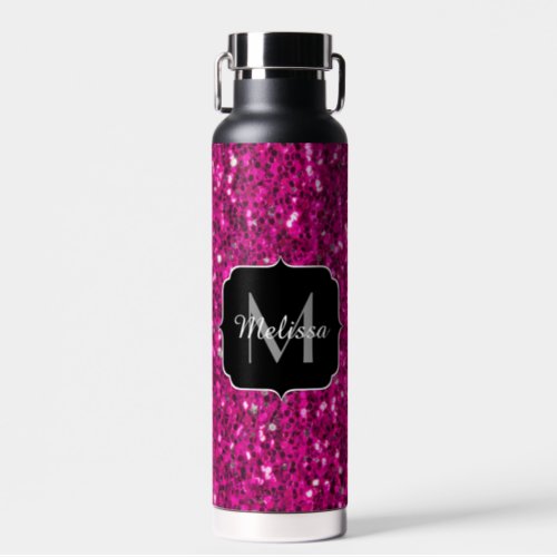 Hot pink sparkles faux glitter Monogram Water Bottle