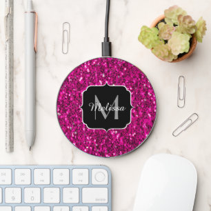 Hot pink sparkles faux glitter Monogram Wireless Charger
