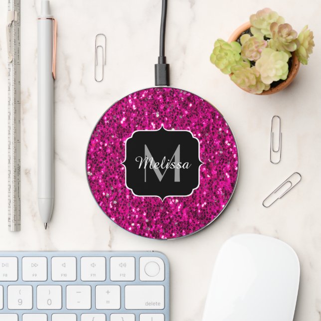 Hot pink sparkles faux glitter Monogram Wireless Charger (Desk)