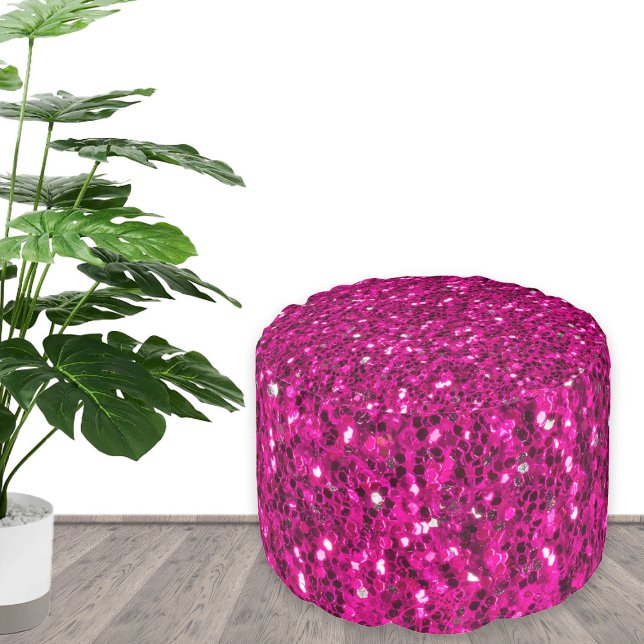 Hot pink sparkles faux glitter pouf (Hot pink pouf home decor for her room.)