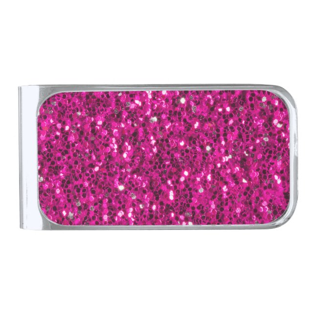 Hot pink sparkles faux glitter silver finish money clip (Front)