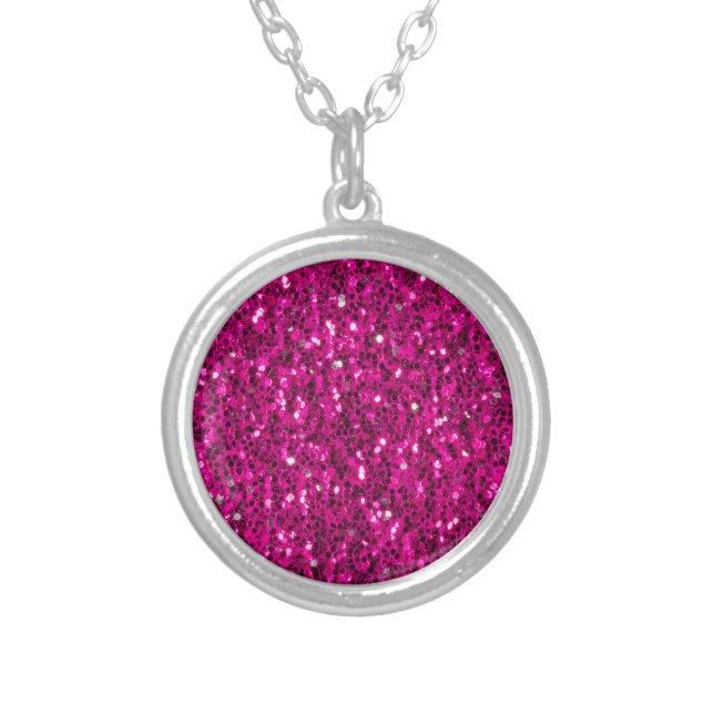 Hot pink sparkles faux glitter silver plated necklace (Front)