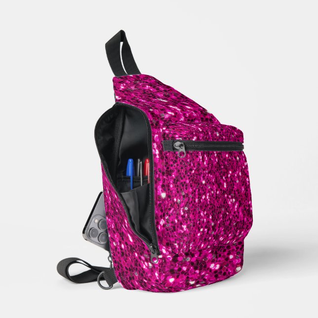 Hot pink sparkles faux glitter sling bag (Open)