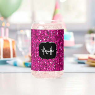 Hot pink sparkles girly bling Custom Monogram Can Glass