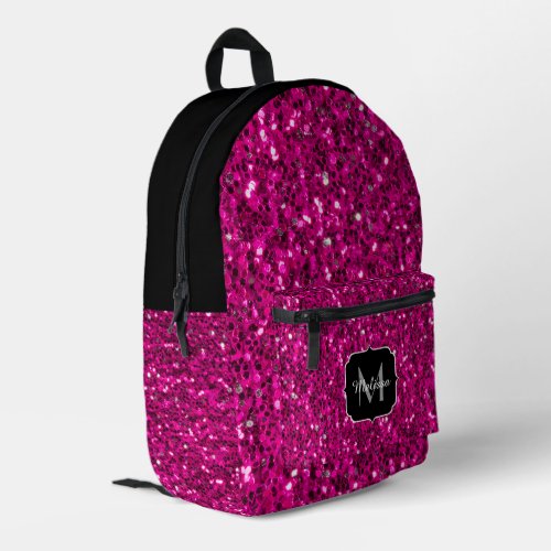 Hot pink sparkles glitter Custom black Monogram Printed Backpack