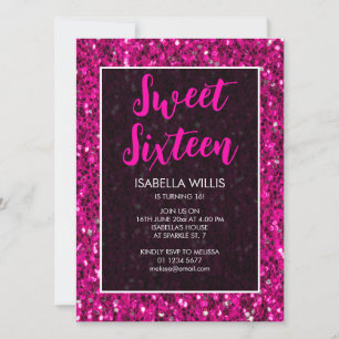 Hot pink sparkles glitter Sweet 16 elegant script Invitation