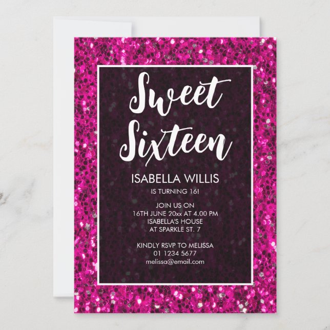 Hot pink sparkles glitter Sweet 16 elegant script Invitation (Front)