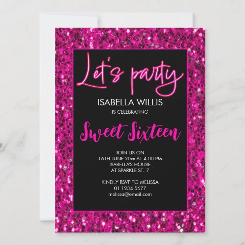 Hot pink sparkles Sweet 16 neon lets party  Invitation