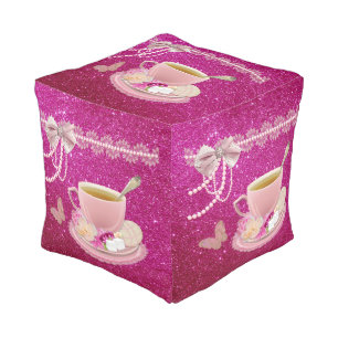 Hot Pink Sparkles Tea Party Cubed Pouf