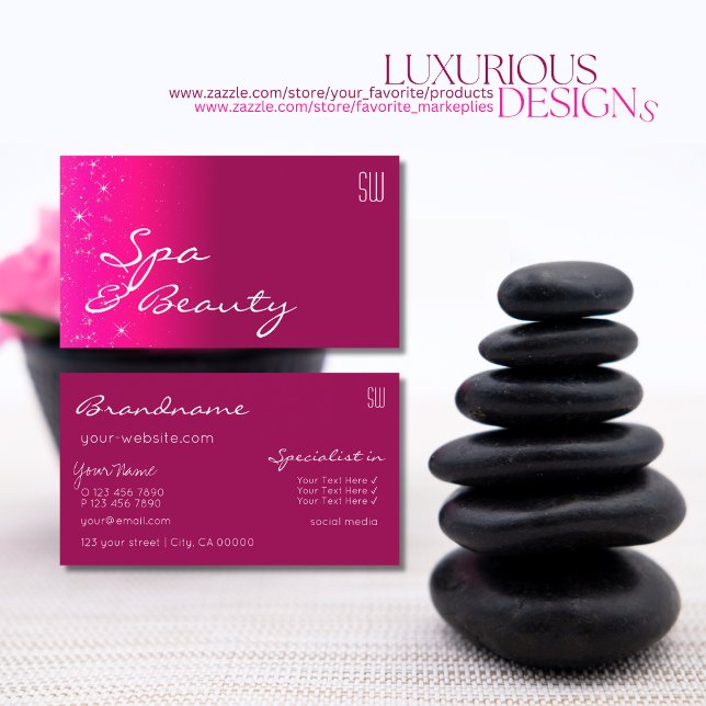 Hot Pink Sparkling Glitter Stars with Monogram Business Card (Creator Uploaded)