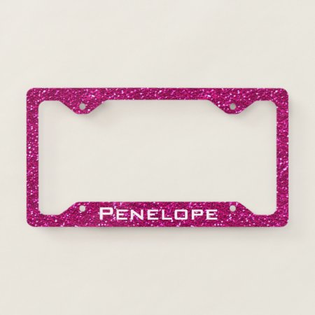 Hot Pink Sparkly Faux Glitter Look Add Your Name License Plate Frame