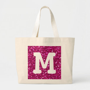 Hot Pink Sparkly Faux Glitter Look Monogram Large Tote Bag