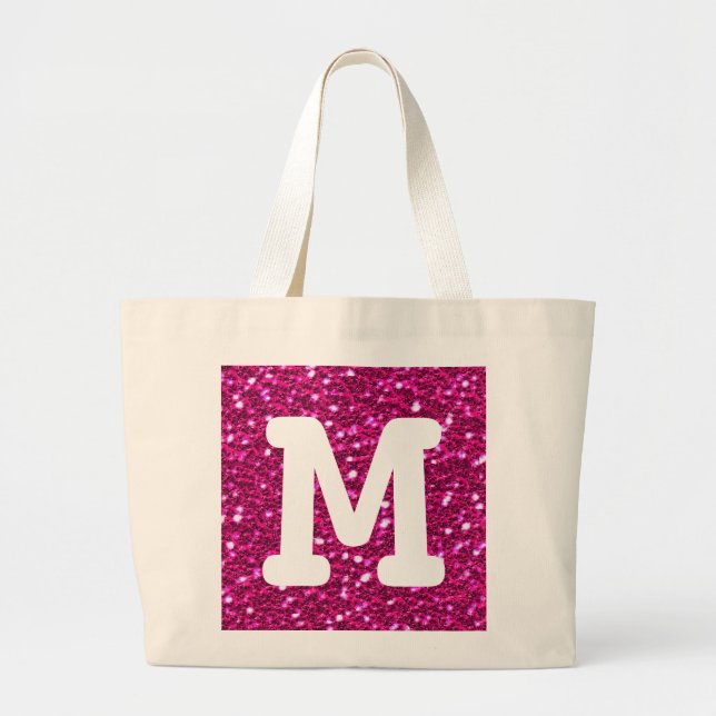Hot Pink Sparkly Faux Glitter Look Monogram Large Tote Bag (Front)