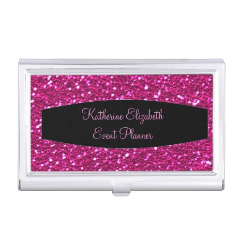 Hot Pink Sparkly Glitter with Black Banner Glam Case For Business Cards