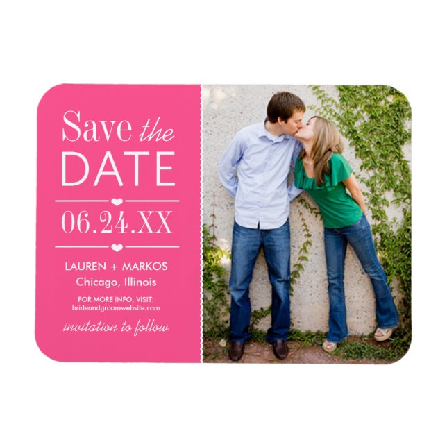 Hot Pink Split Panel Photo Save the Date Magnet (Horizontal)