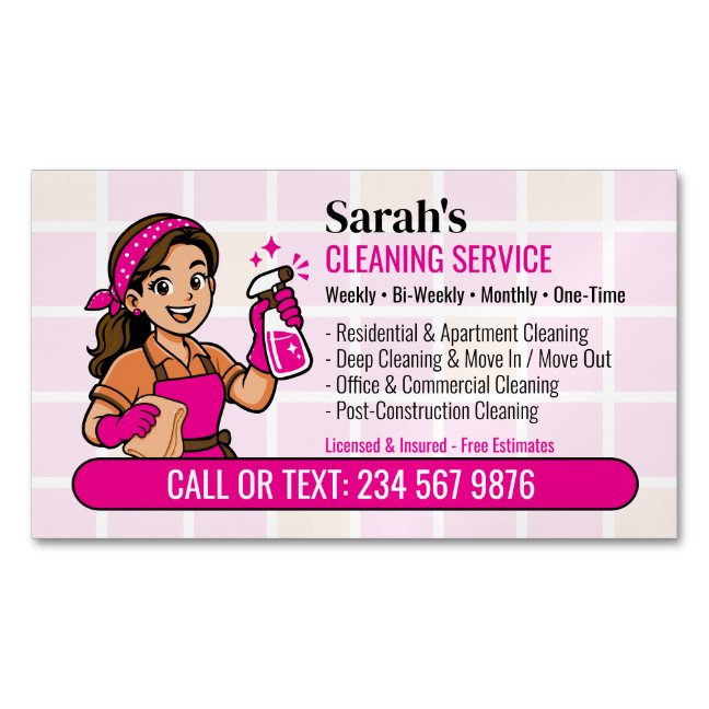 Hot Pink Spray Bottle Maid Insured House Cleaning Business Card Magnet