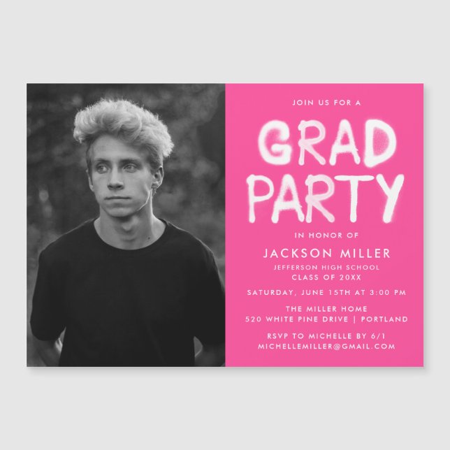 Hot Pink Spray Paint Photo Graduation Party Magnetic Invitation (Front)