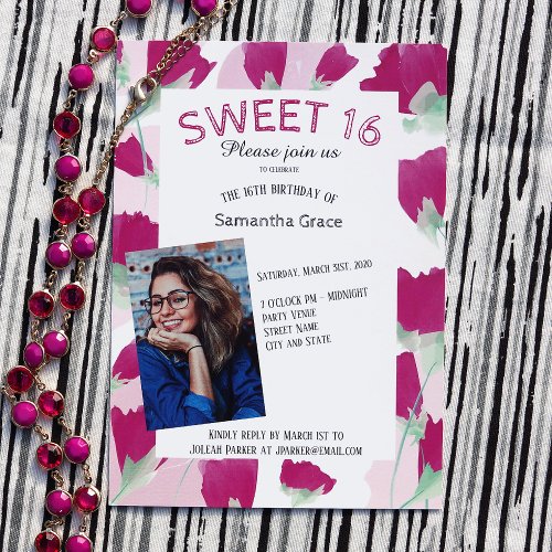 Hot Pink Spring Tulips Sweet 16 Invitations
