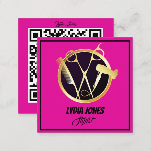 Hot Pink Square Stylist Business Card with QR Code