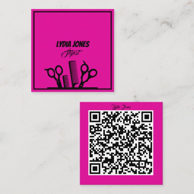 Hot Pink Square Stylist Business Card with QR Code (Front/Back)