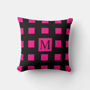 Hot Pink Squares Geometric Patterns Monogram Black Throw Pillow