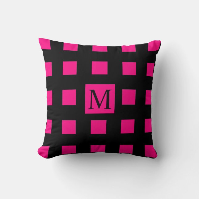 Hot Pink Squares Geometric Patterns Monogram Black Throw Pillow (Front)
